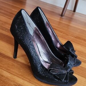 Moda Black Sequin Peep-Toe Heels with Bow Accent
